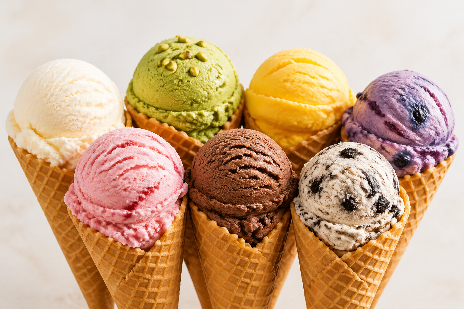 Large waffle cone with many scoops of colorful ice cream