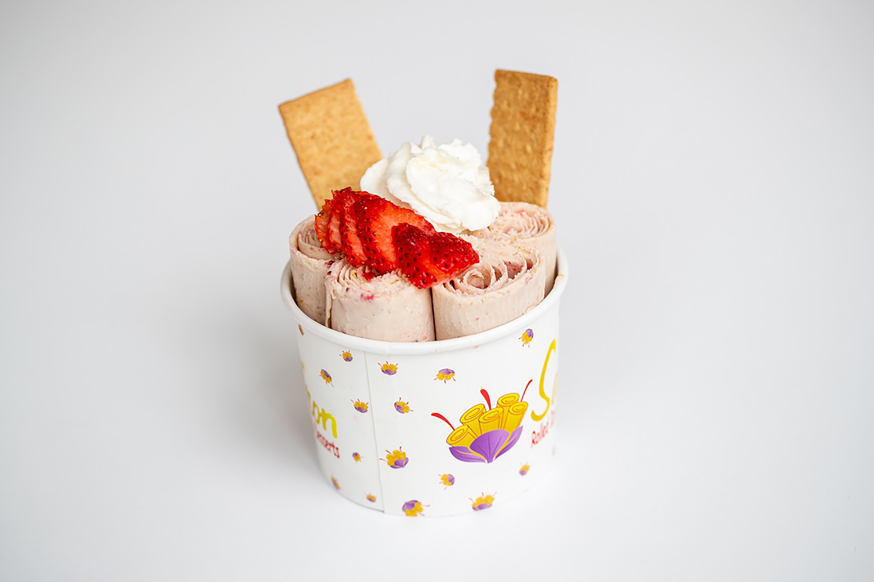 Strawberry topped rolled ice cream from Saffron